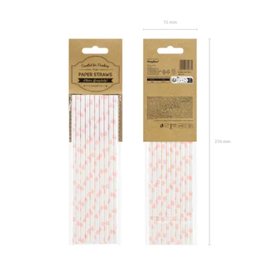 Słomki papierowe w kolorze białym z nadrukiem serduszek