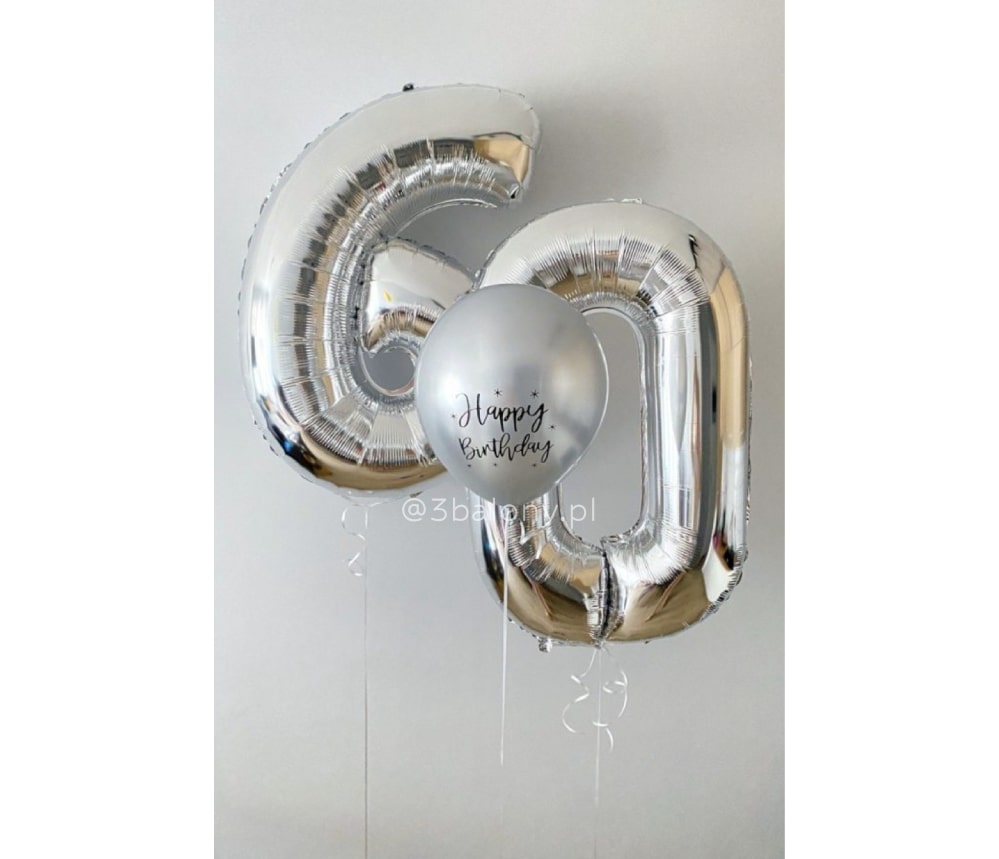 Srebrna cyfra z balonem lateksowym Happy Birthday