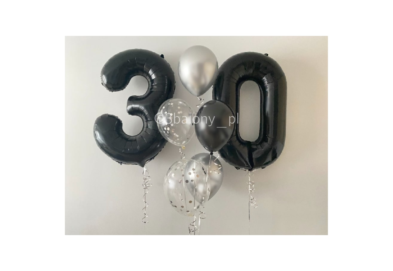 Cyfry 30 w czarnym kolorze z balonami w bukiecie