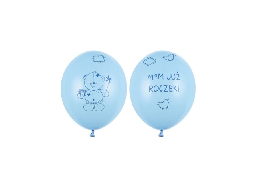 Niebieski balon lateksowy z napisem „Mam już roczek”