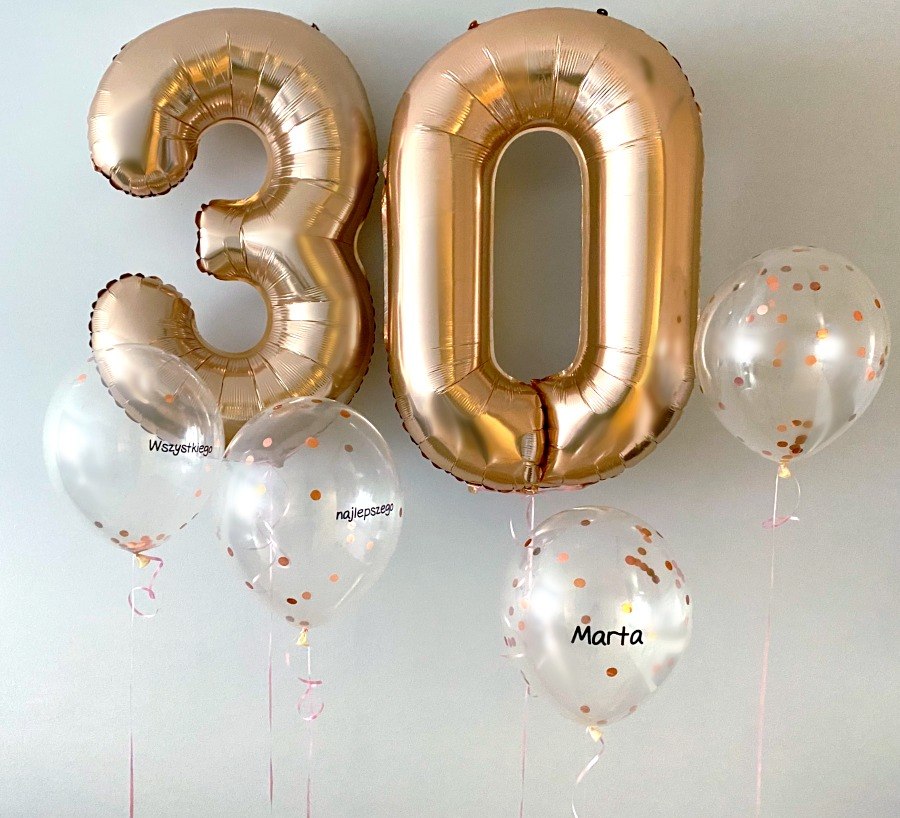 Balony cyfra 3 i 0 z balonami wypełnionymi konfetti