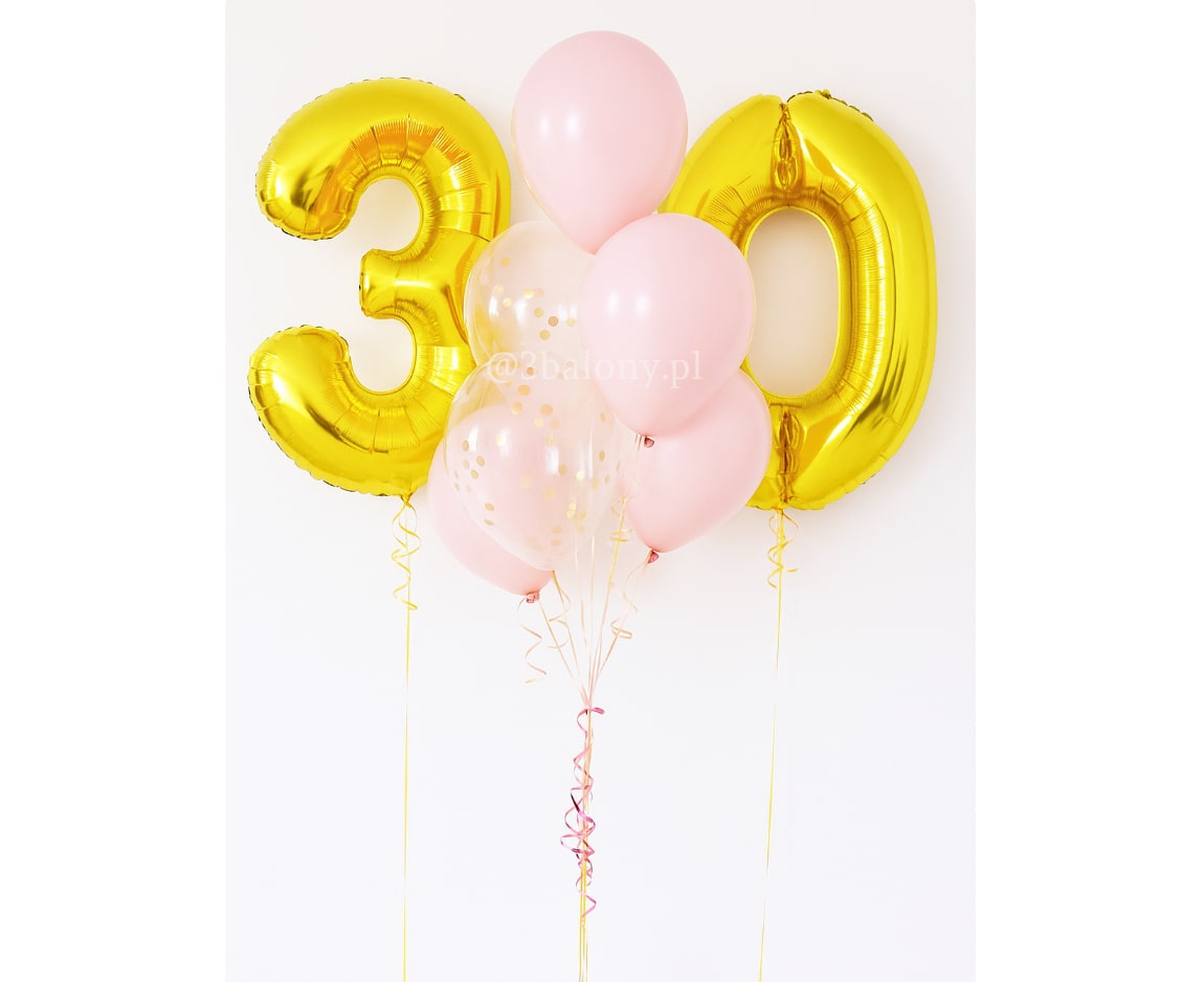 Złote cyfry 30 w bukiecie z balonami w kolorze różowym