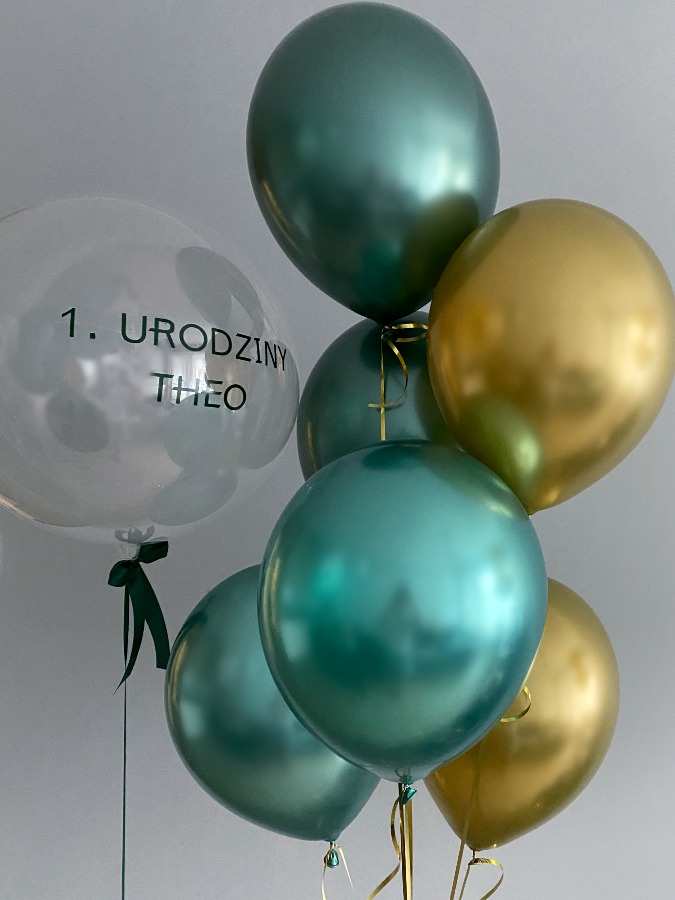 Zestaw balonów na pierwsze urodziny w zielon-złotym kolorze