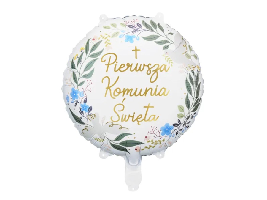 Balon foliowy z złotym napisem Pierwsza Komunia Święta