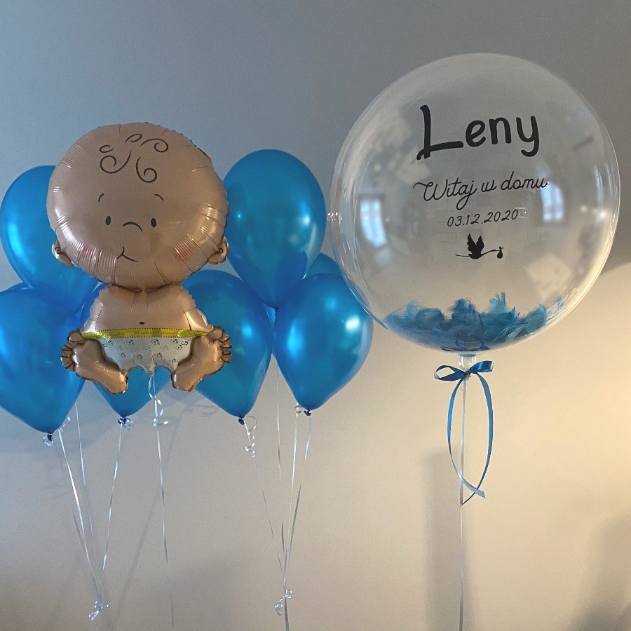 Miły bukiet balonowy na powitanie chłopczyka z tekstem witaj w domu