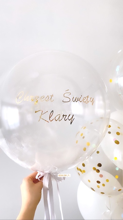 Balon wypełniony piórkami ze złotym napisem