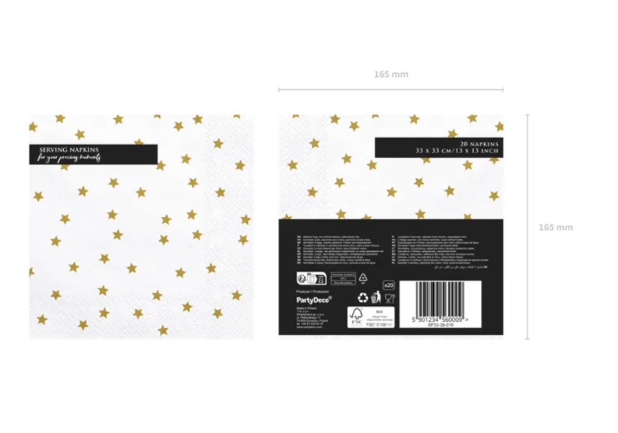 Serwetki złote gwiazdki, 33x33cm
