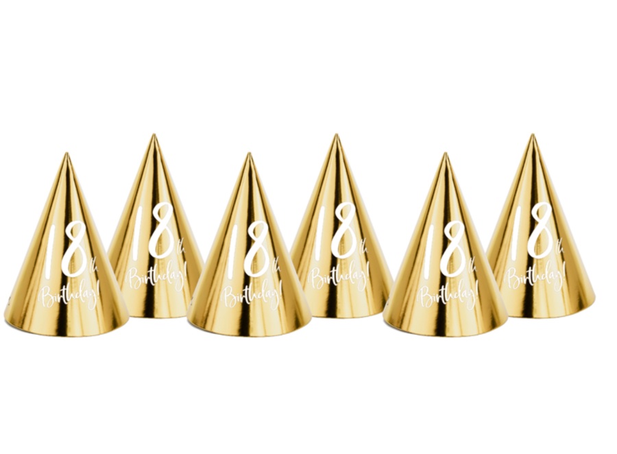 Czapeczki 18th Birthday, złoty, 16cm (6 szt.)