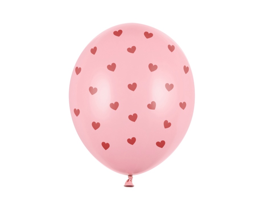 Różowy balon lateksowy z czerwonymi sercami z helem