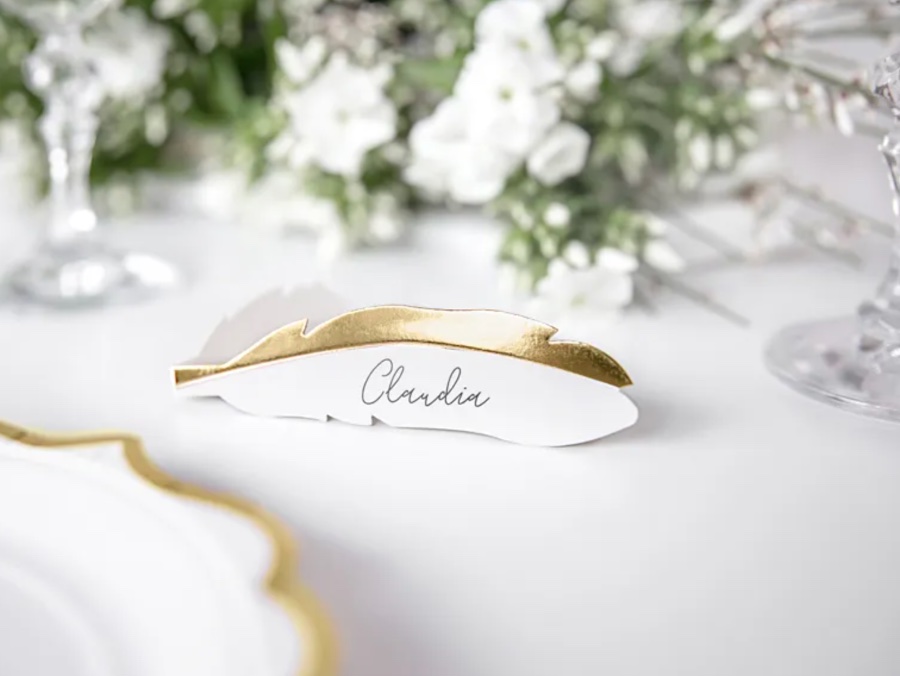 Wizytówki na stół – Piórko, złoty (1 op. / 10 szt.)