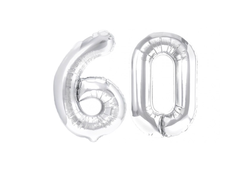 Srebrne balony cyfry 60 z helem