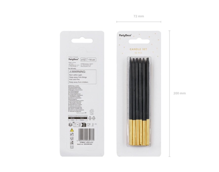 Czarne świeczki urodzinowe ze złotą końcówką (12 szt.)