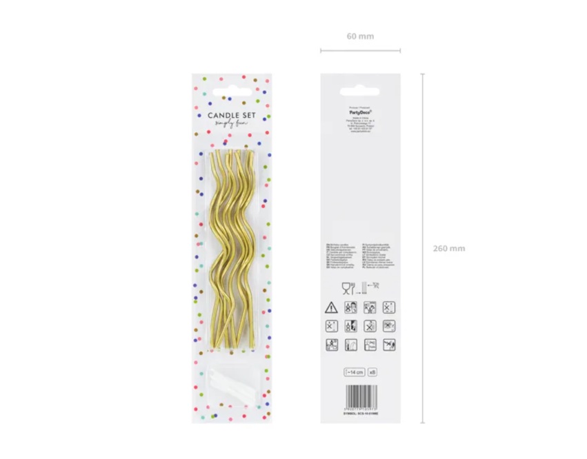 Świeczki urodzinowe zakręcone w złotym kolorze (1 op. / 8 szt.)