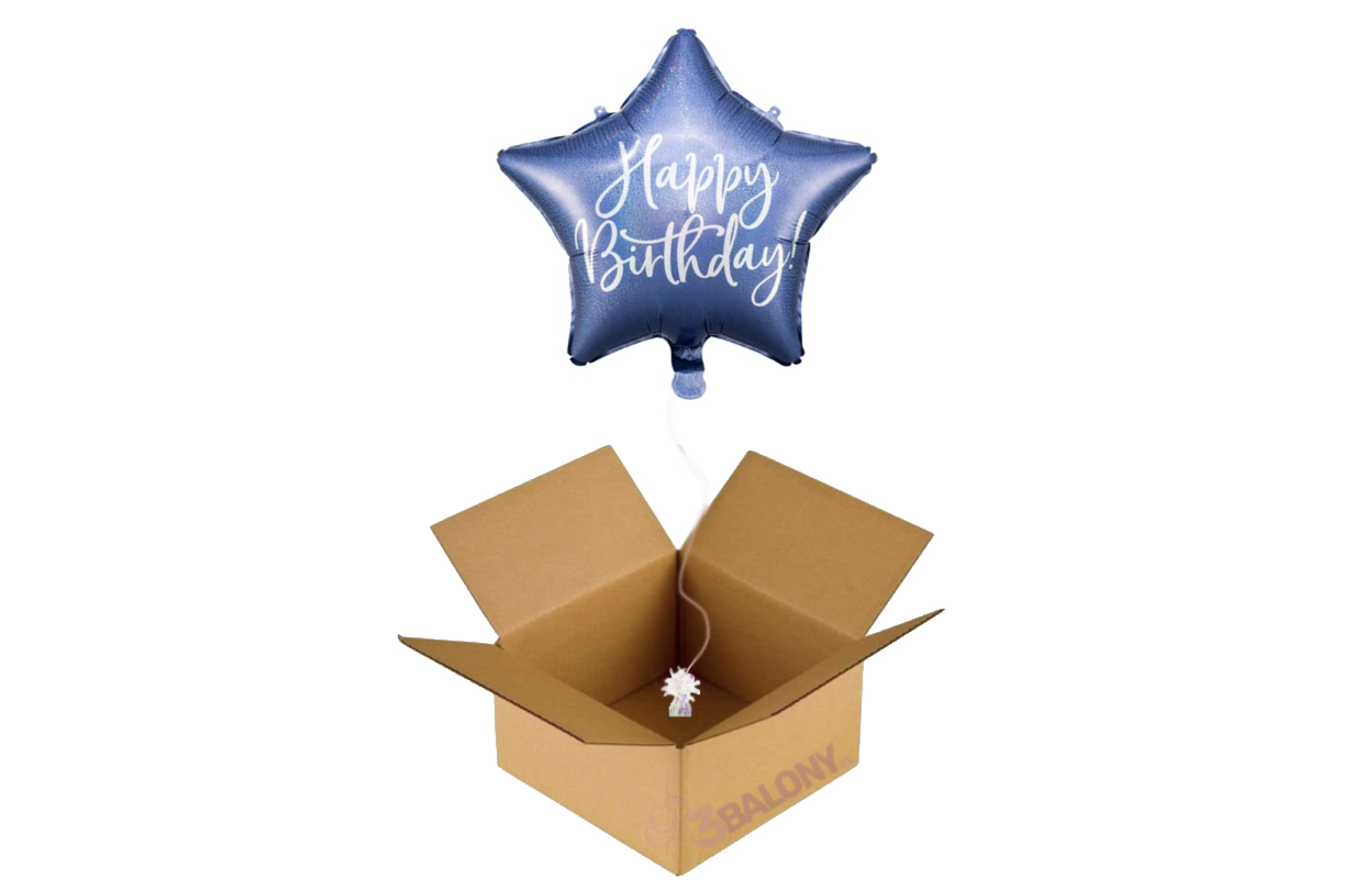 Balon niebieska gwiazdka z napisem happy birthday w pudełku