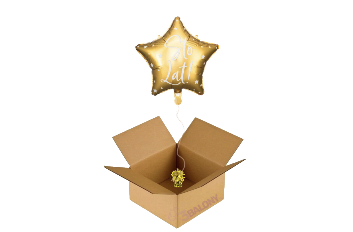 Balon gwiazdka z białym napisem STO LAT w pudełku
