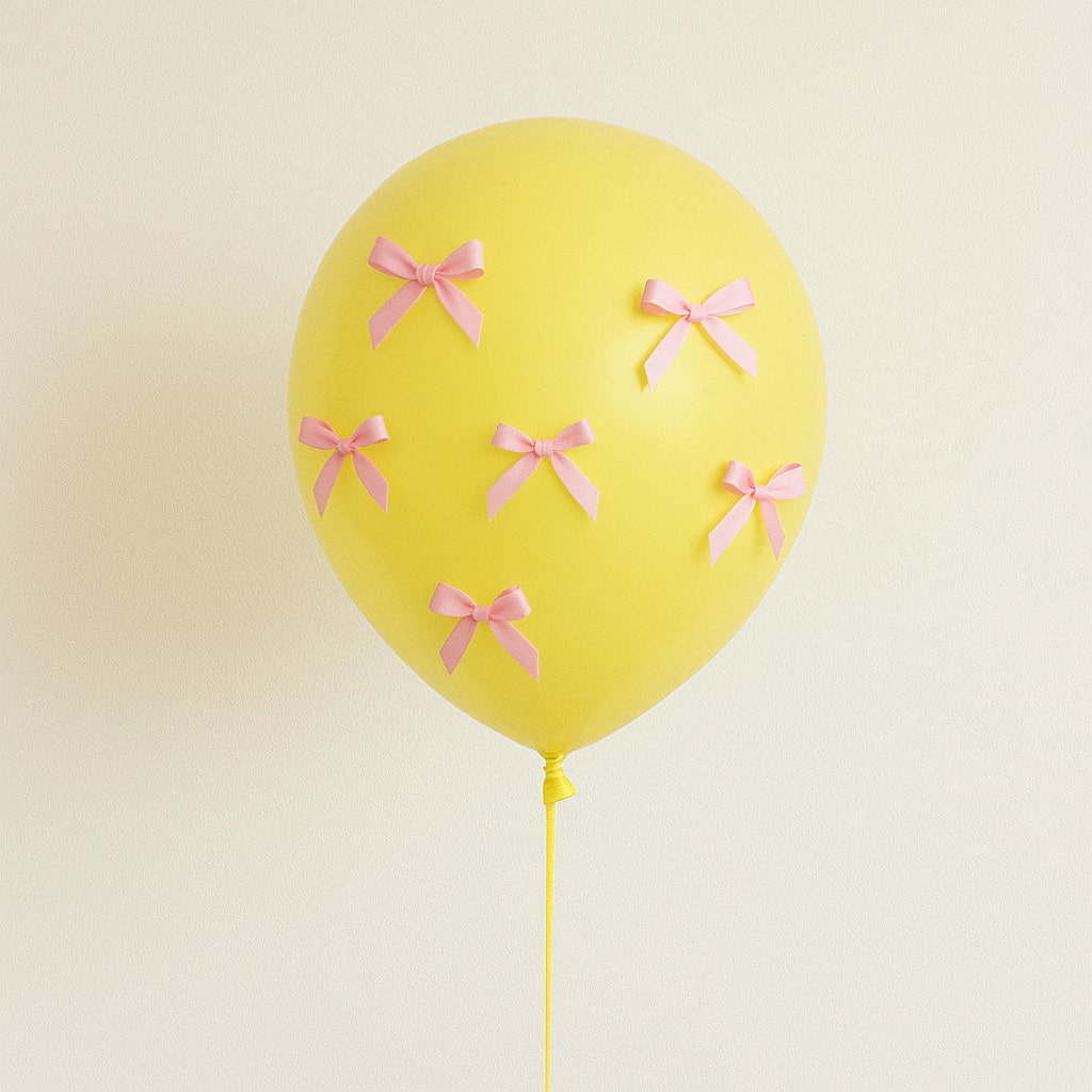 Żółty balon lateksowy z różowymi kokardami