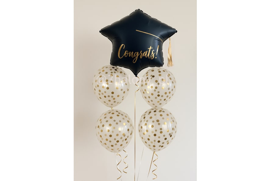Balon czapki absolwenta z napisem „Congrats!” + balony ze złotym konfetti