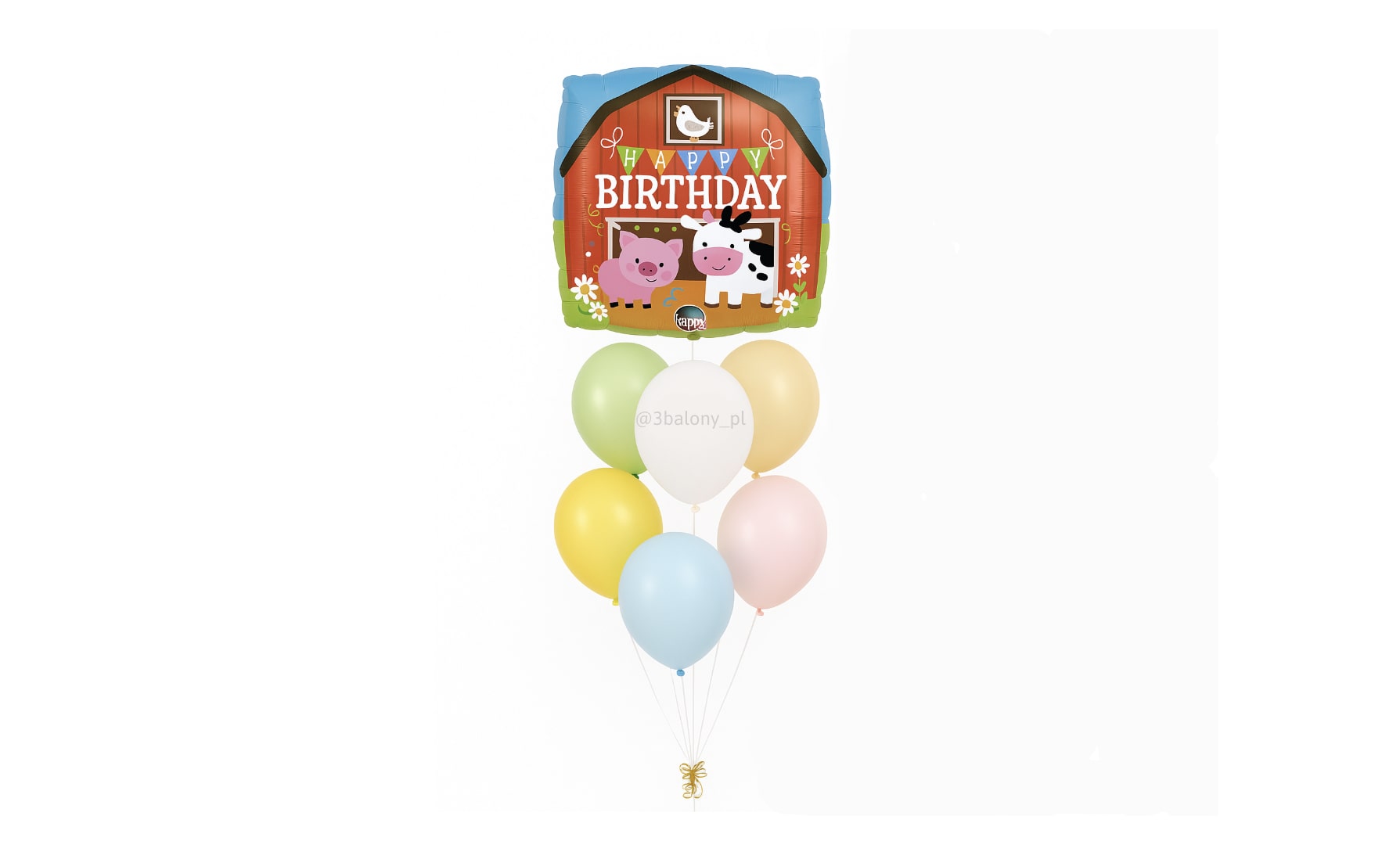 Bukiet Happy Birthday – balon stodoła oraz gumowe balony z helem