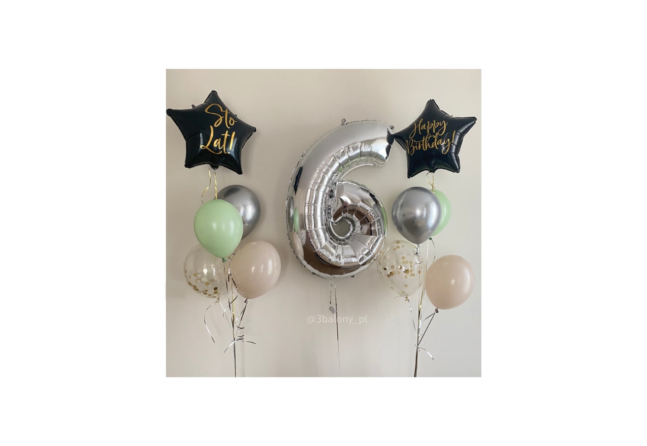 Zestaw balonów dla chłopca z srebrną cyfrą 6