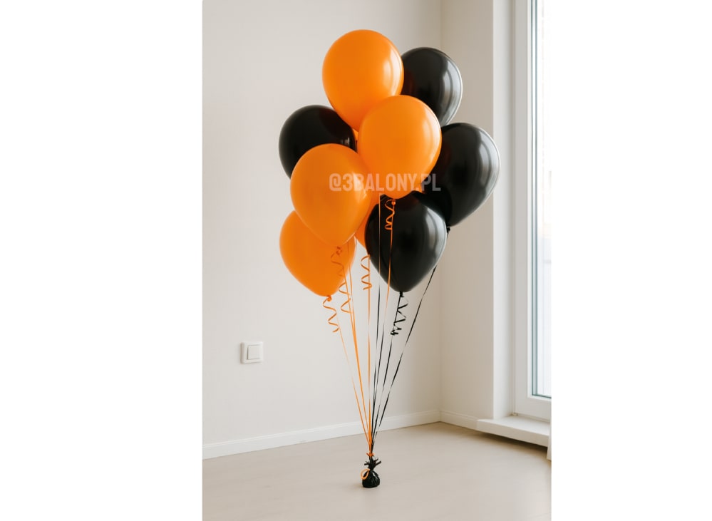 Balony helowe pomarańczowo-czarne na ciężarku – dekoracja na Halloween