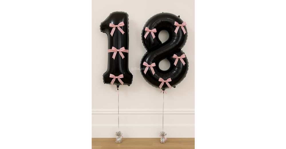 Czarne cyfry 1 i 8 + różowe kokardki