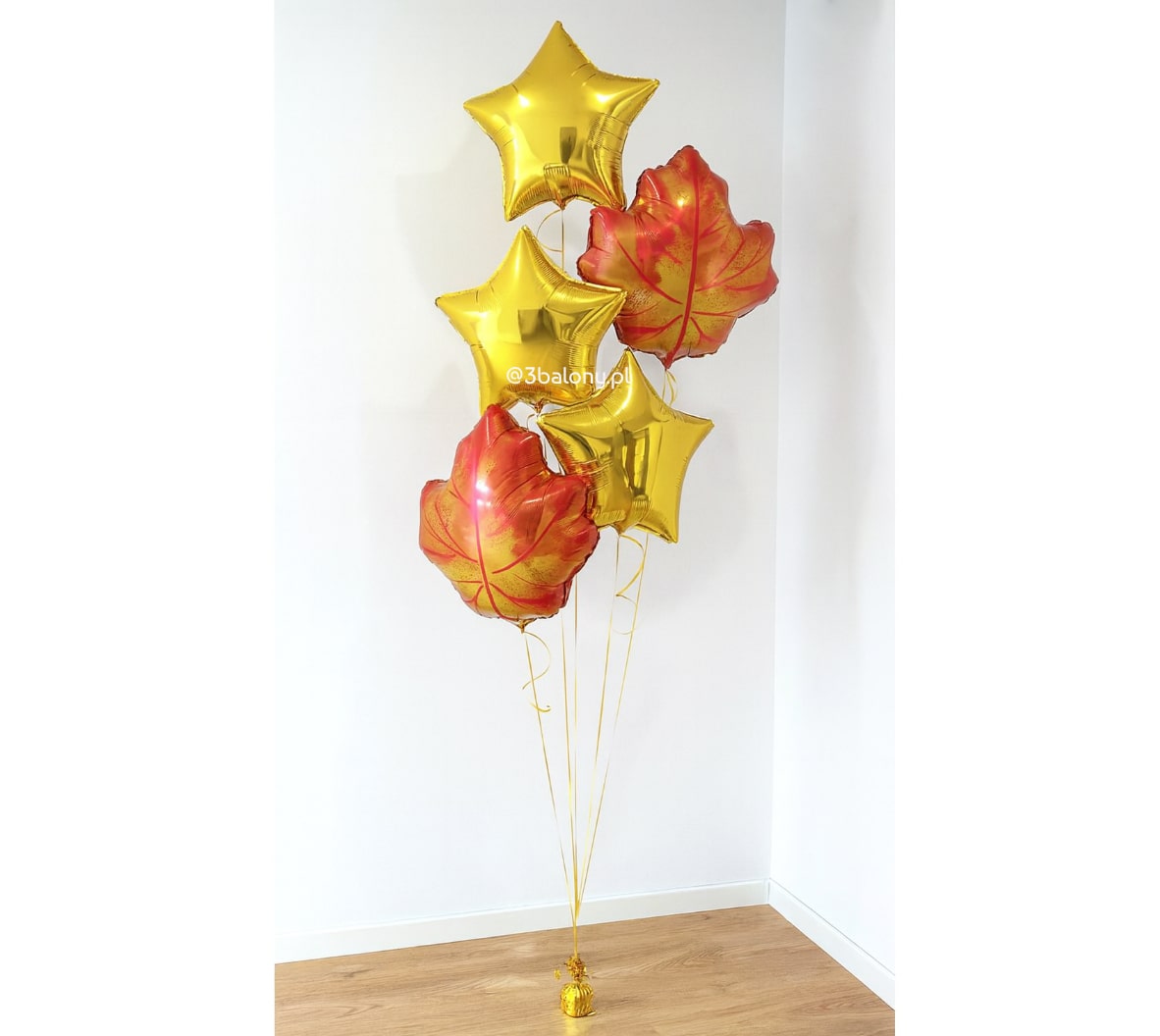 Balonowy bukiet jesień – złote gwiazdki i liście na ciężarku