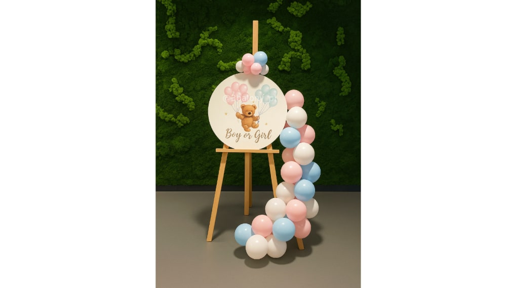 Sztaluga z napisem boy or girl udekorowana balonami w trzech kolorach